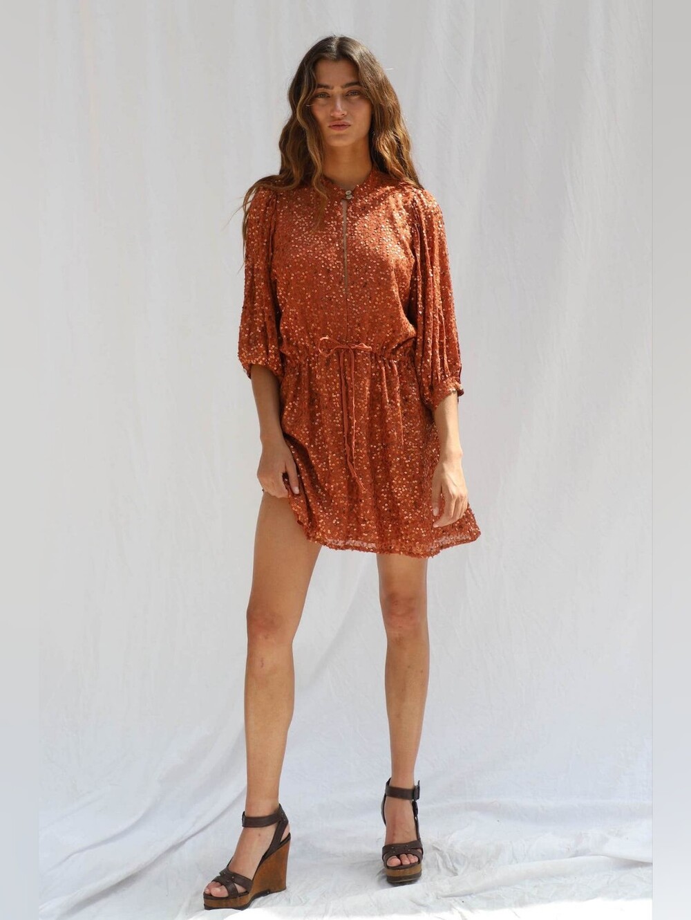 Jen's Pirate Booty Ballad Sequins Mini Dress Sm Plunge Neckline Bishop Sleeves T